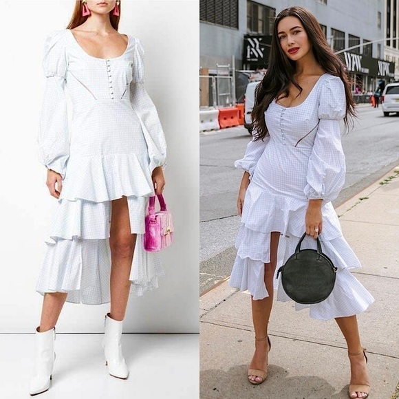 JONATHAN SIMKHAI Gingham Puff Long Sleeve Tiered Ruffle Cottagecore Midi Dress 6 - Picture 1 of 11